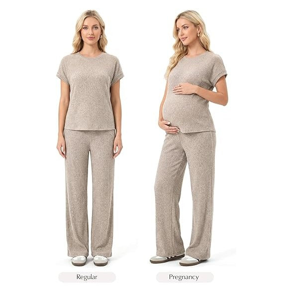 Maternity Clothes Ribbed Short Sleeve Maternity Pajamas Sets Sleepwear Lounge 2 Piece Matching Outfits Set