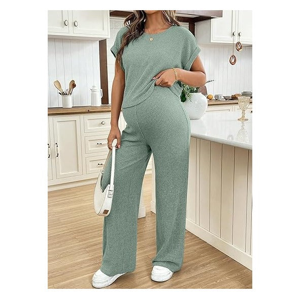 Maternity Clothes Ribbed Short Sleeve Maternity Pajamas Sets Sleepwear Lounge 2 Piece Matching Outfits Set