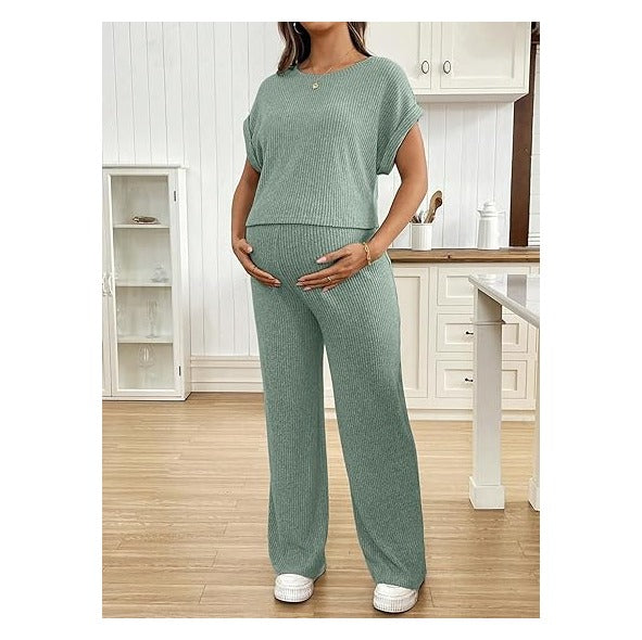Maternity Clothes Ribbed Short Sleeve Maternity Pajamas Sets Sleepwear Lounge 2 Piece Matching Outfits Set