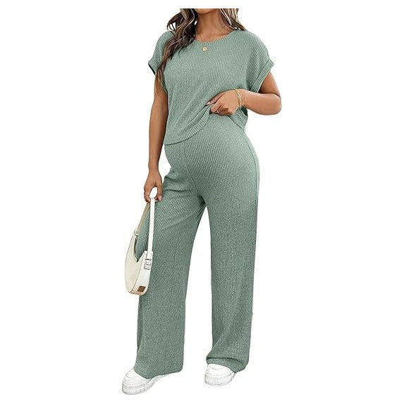 Maternity Clothes Ribbed Short Sleeve Maternity Pajamas Sets Sleepwear Lounge 2 Piece Matching Outfits Set