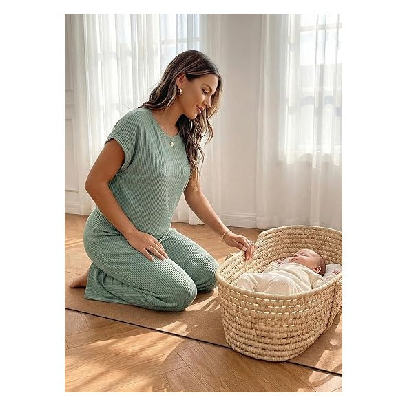 Maternity Clothes Ribbed Short Sleeve Maternity Pajamas Sets Sleepwear Lounge 2 Piece Matching Outfits Set