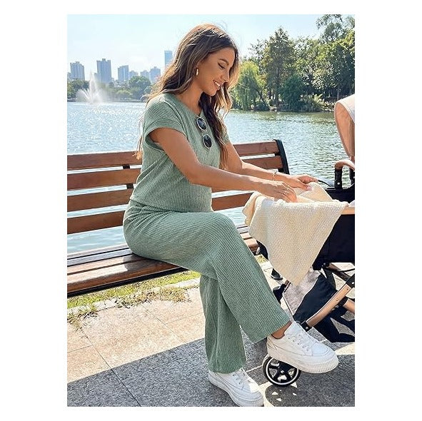 Maternity Clothes Ribbed Short Sleeve Maternity Pajamas Sets Sleepwear Lounge 2 Piece Matching Outfits Set