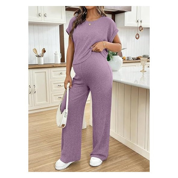 Maternity Clothes Ribbed Short Sleeve Maternity Pajamas Sets Sleepwear Lounge 2 Piece Matching Outfits Set