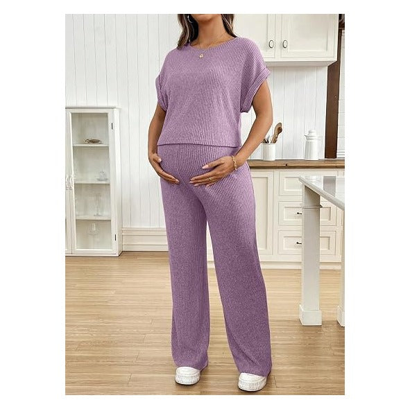 Maternity Clothes Ribbed Short Sleeve Maternity Pajamas Sets Sleepwear Lounge 2 Piece Matching Outfits Set
