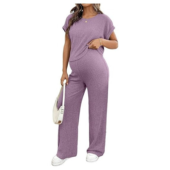 Maternity Clothes Ribbed Short Sleeve Maternity Pajamas Sets Sleepwear Lounge 2 Piece Matching Outfits Set