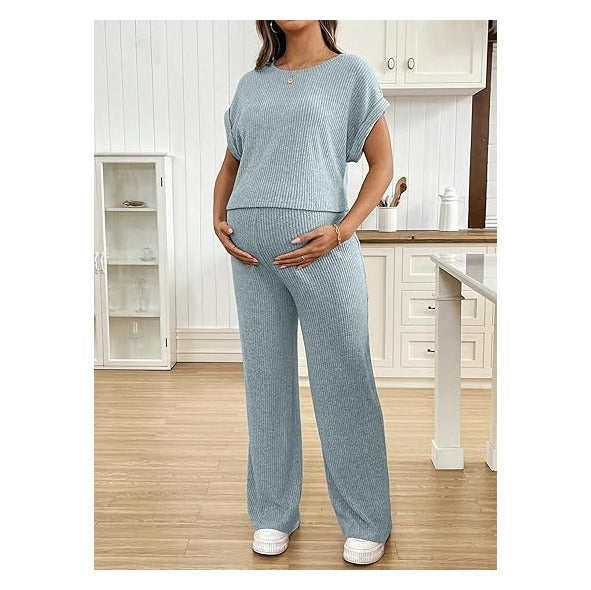 Maternity Clothes Ribbed Short Sleeve Maternity Pajamas Sets Sleepwear Lounge 2 Piece Matching Outfits Set