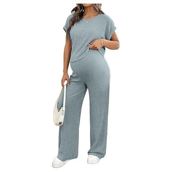 Maternity Clothes Ribbed Short Sleeve Maternity Pajamas Sets Sleepwear Lounge 2 Piece Matching Outfits Set
