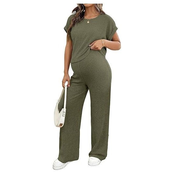 Maternity Clothes Ribbed Short Sleeve Maternity Pajamas Sets Sleepwear Lounge 2 Piece Matching Outfits Set