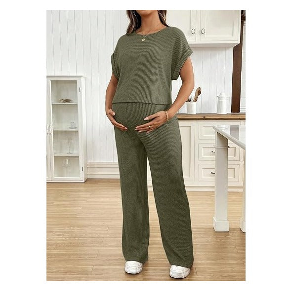 Maternity Clothes Ribbed Short Sleeve Maternity Pajamas Sets Sleepwear Lounge 2 Piece Matching Outfits Set