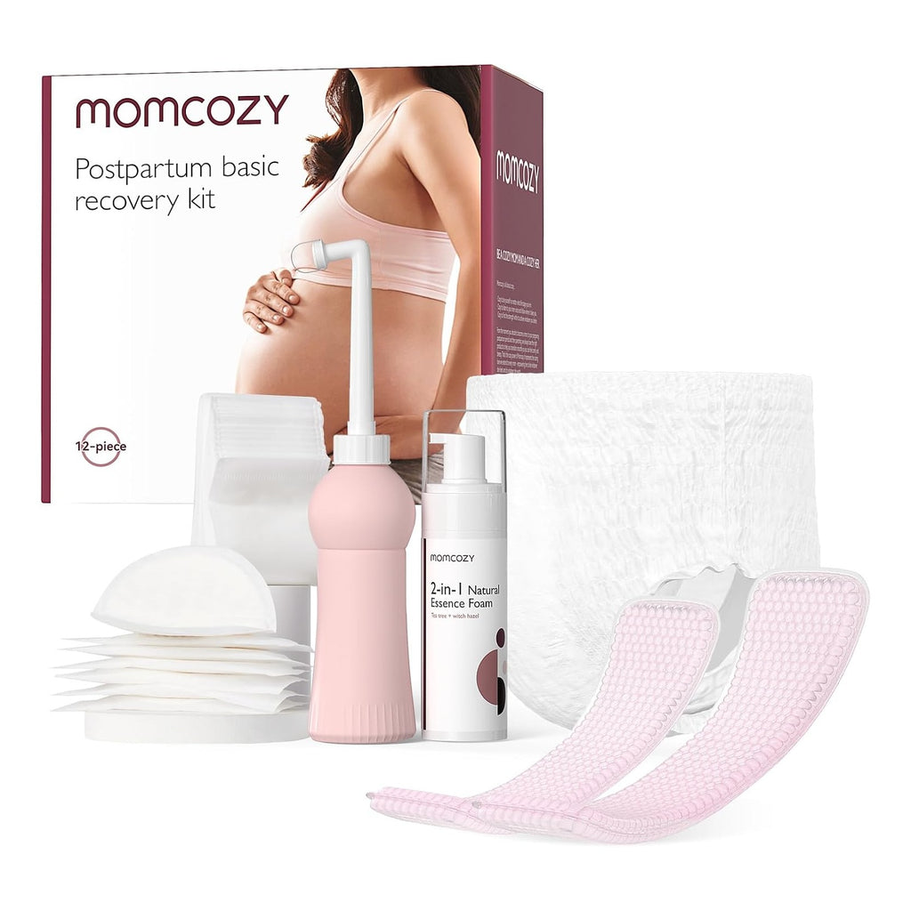 Postpartum Recovery Essentials Kit, Labor Delivery Mom Care Kit, Self-Absorbent Disposable Underwear Nipple Nursing Pads Upside Down Peri Bottle Cold Pads Cooling Foam Canvas Bag Set
