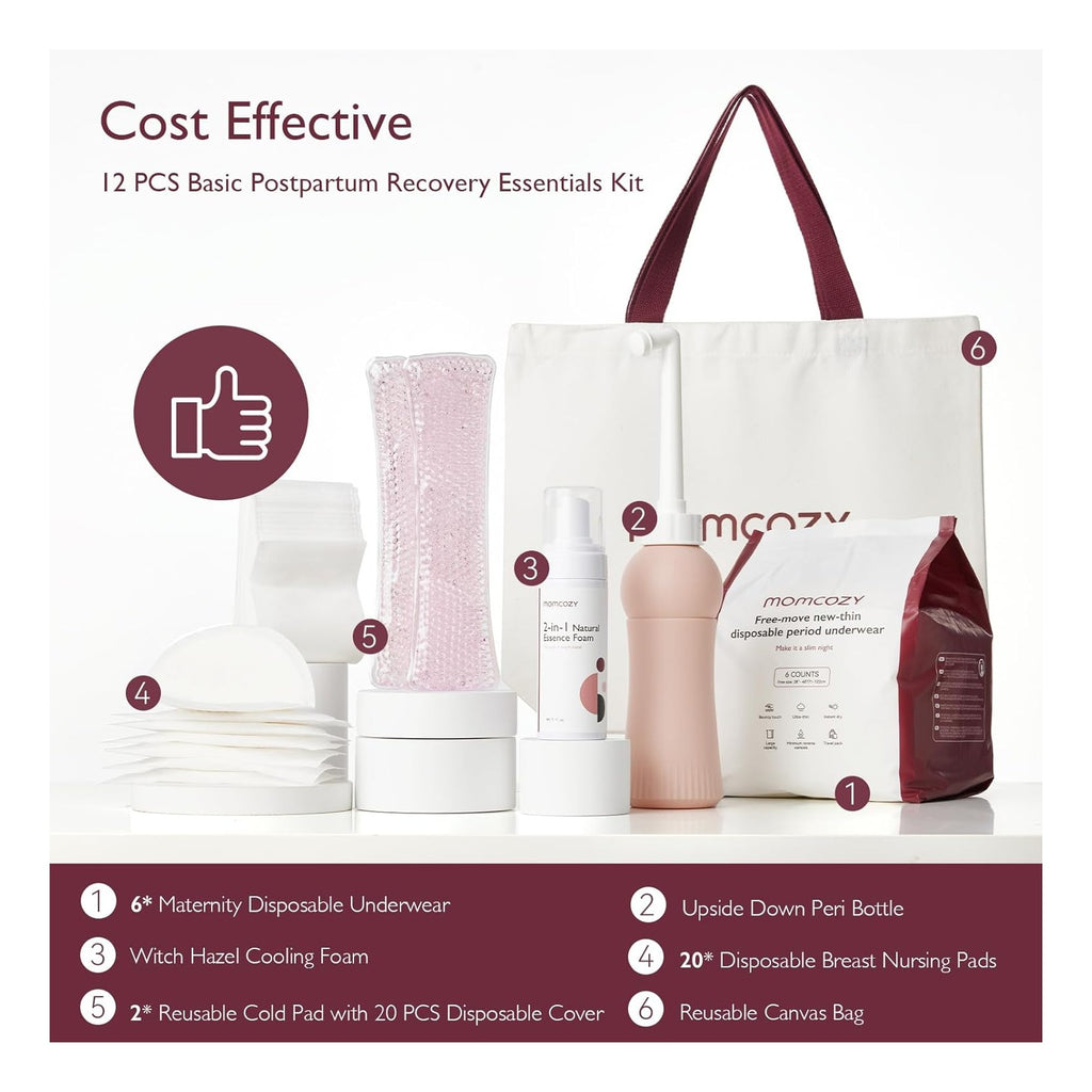 Postpartum Recovery Essentials Kit, Labor Delivery Mom Care Kit, Self-Absorbent Disposable Underwear Nipple Nursing Pads Upside Down Peri Bottle Cold Pads Cooling Foam Canvas Bag Set