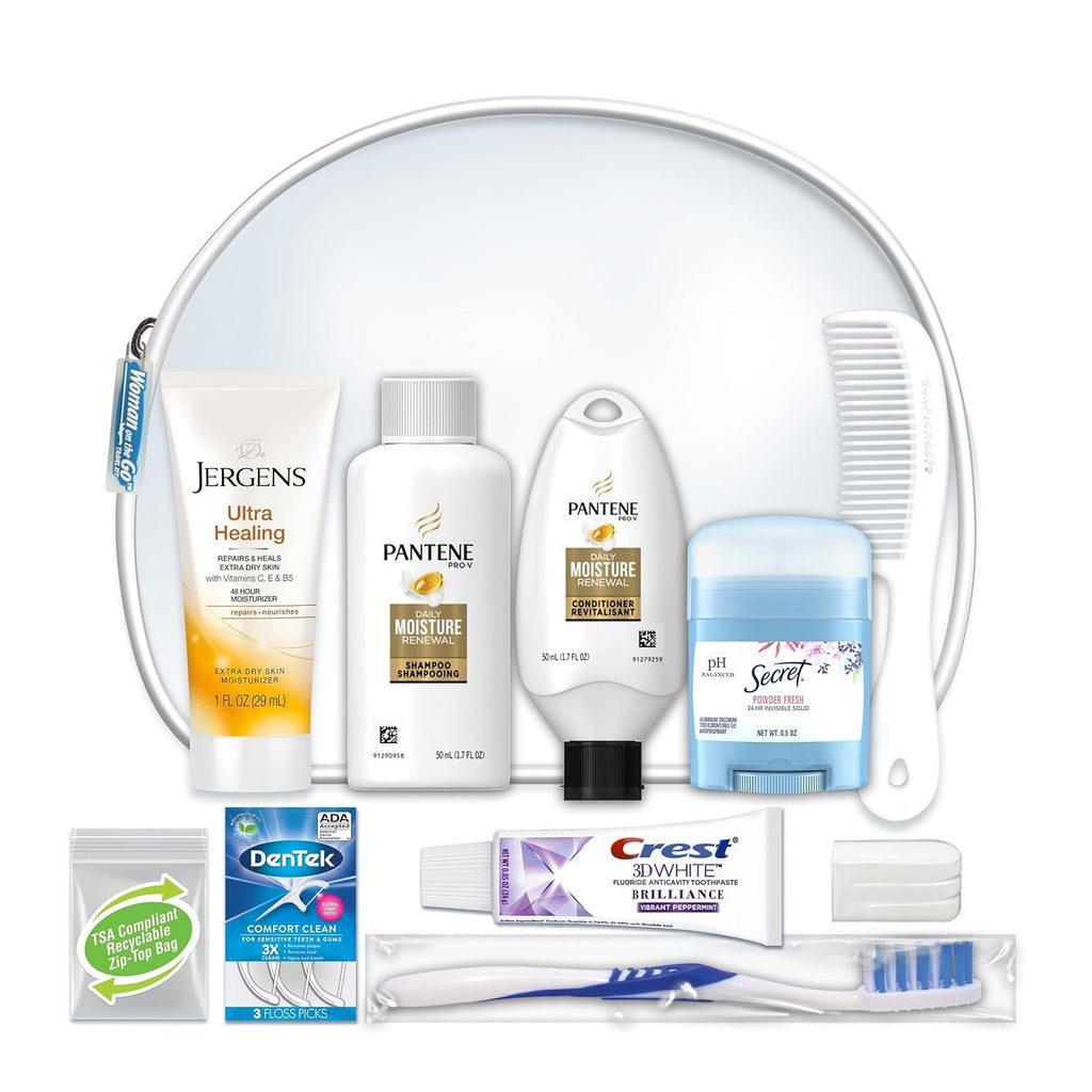 International Women's Deluxe 10 Piece Kit with Travel Size TSA Compliant Essentials Featuring: Pantene Hair Products in Reusable Toiletry Zippered Bag