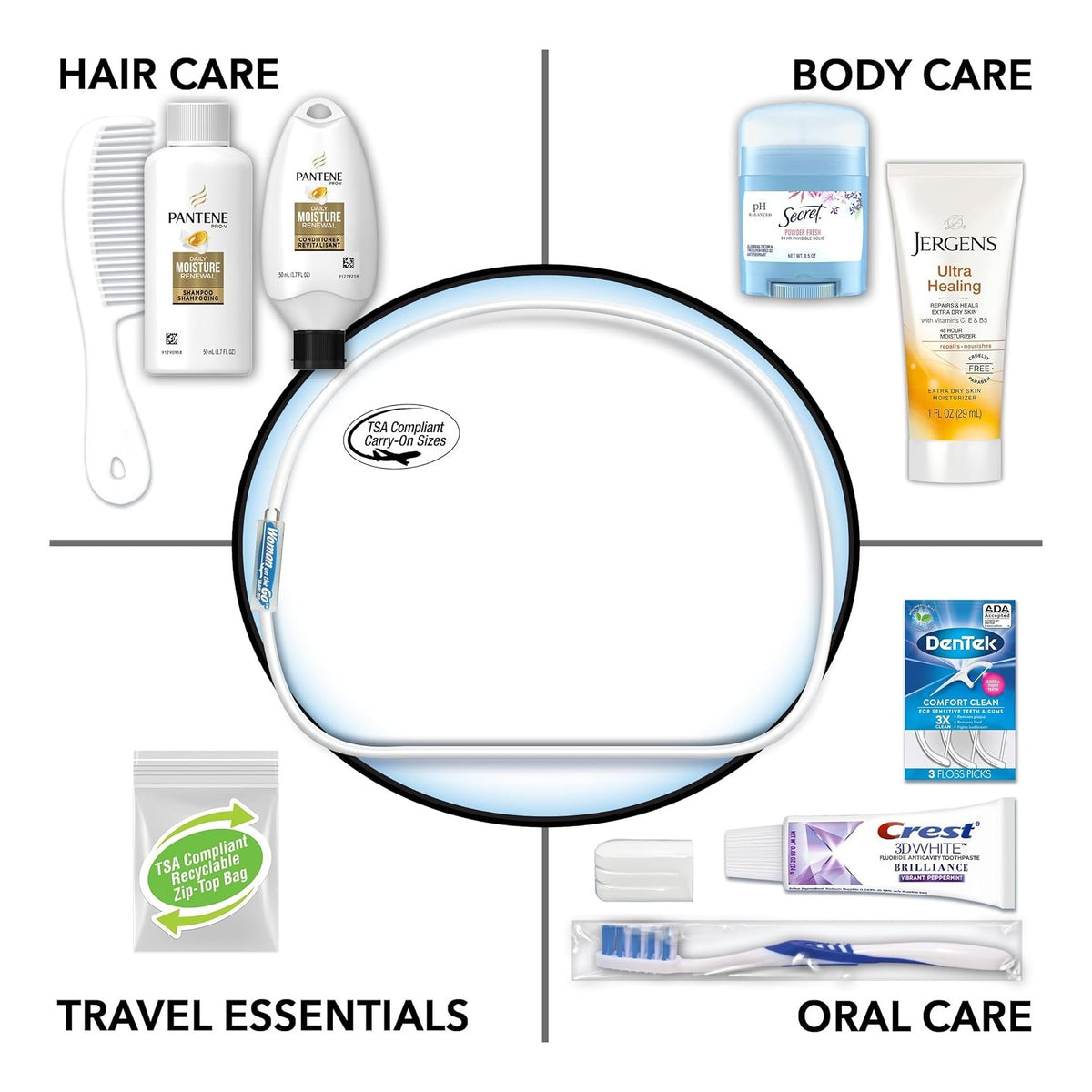 International Women's Deluxe 10 Piece Kit with Travel Size TSA Compliant Essentials Featuring: Pantene Hair Products in Reusable Toiletry Zippered Bag