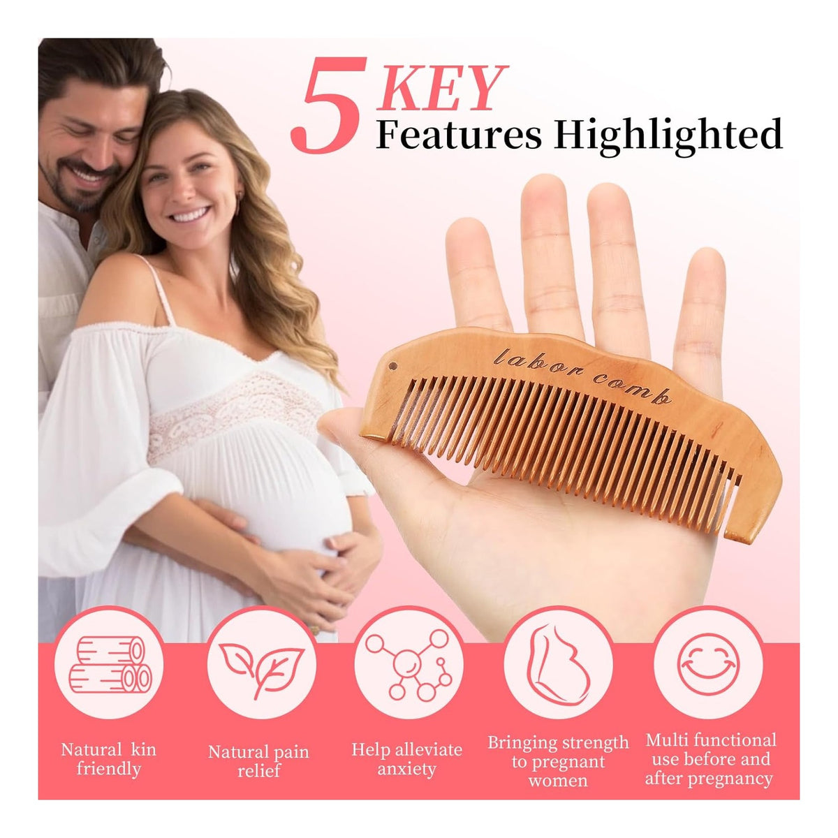 Birth Comb for Labor Pain, Natural Wooden Labor Combs for Women Pregnancy, pregnancy hospital bag essentials＆Delivery Essentials, Baby Comb ＆ Shower Comb for New Mom Gifts