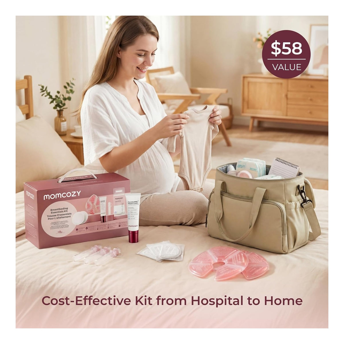 Postpartum Essentials Kit, Initiate breastfeeding for New Moms, Hospital Bag Must Haves with Nursing Pads, Hot & Cold Breast Pads, Nipple Cream, Colostrum Collectors and Milk Storage Bags