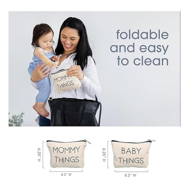 Mommy and Baby Things Pouch Set, Canvas Zipper Organizer Bags for Diaper Bag and Travel, Cosmetic and Makeup Bag for Mom