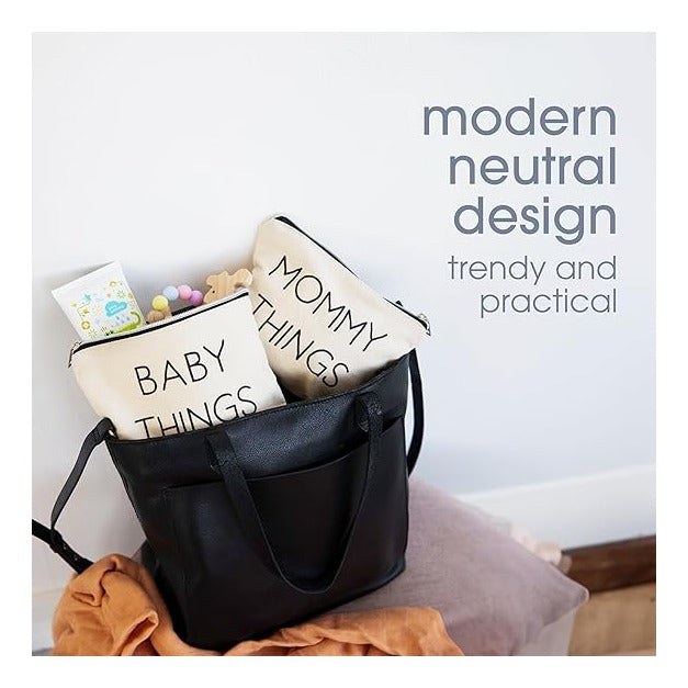Mommy and Baby Things Pouch Set, Canvas Zipper Organizer Bags for Diaper Bag and Travel, Cosmetic and Makeup Bag for Mom