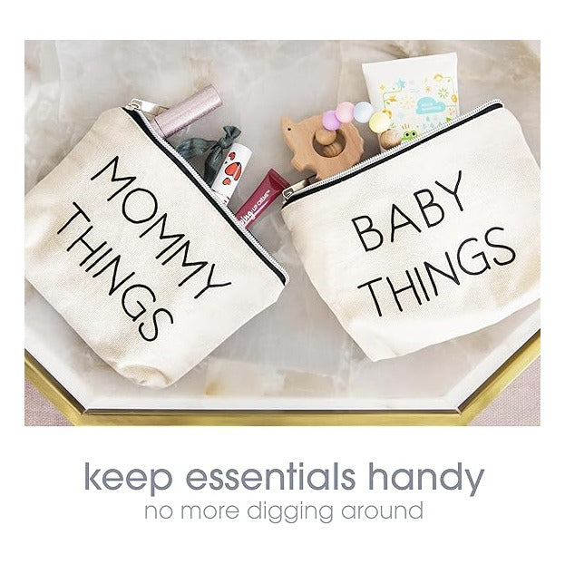 Mommy and Baby Things Pouch Set, Canvas Zipper Organizer Bags for Diaper Bag and Travel, Cosmetic and Makeup Bag for Mom