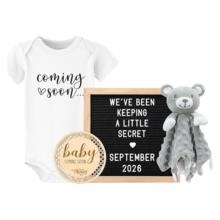 Baby Coming Soon Announcement Ideas, Surprise Pregnancy Reveal To Family Grandparents Grandma Dad- Baby Shower Gender Reveal Gifts- Felt Letter Board, Wooden Sign, Onesie, Security Blanket