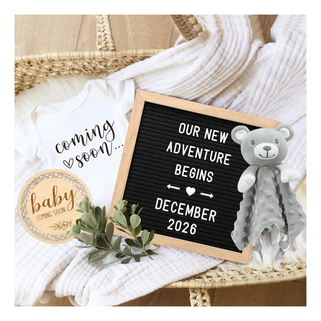 Baby Coming Soon Announcement Ideas, Surprise Pregnancy Reveal To Family Grandparents Grandma Dad- Baby Shower Gender Reveal Gifts- Felt Letter Board, Wooden Sign, Onesie, Security Blanket