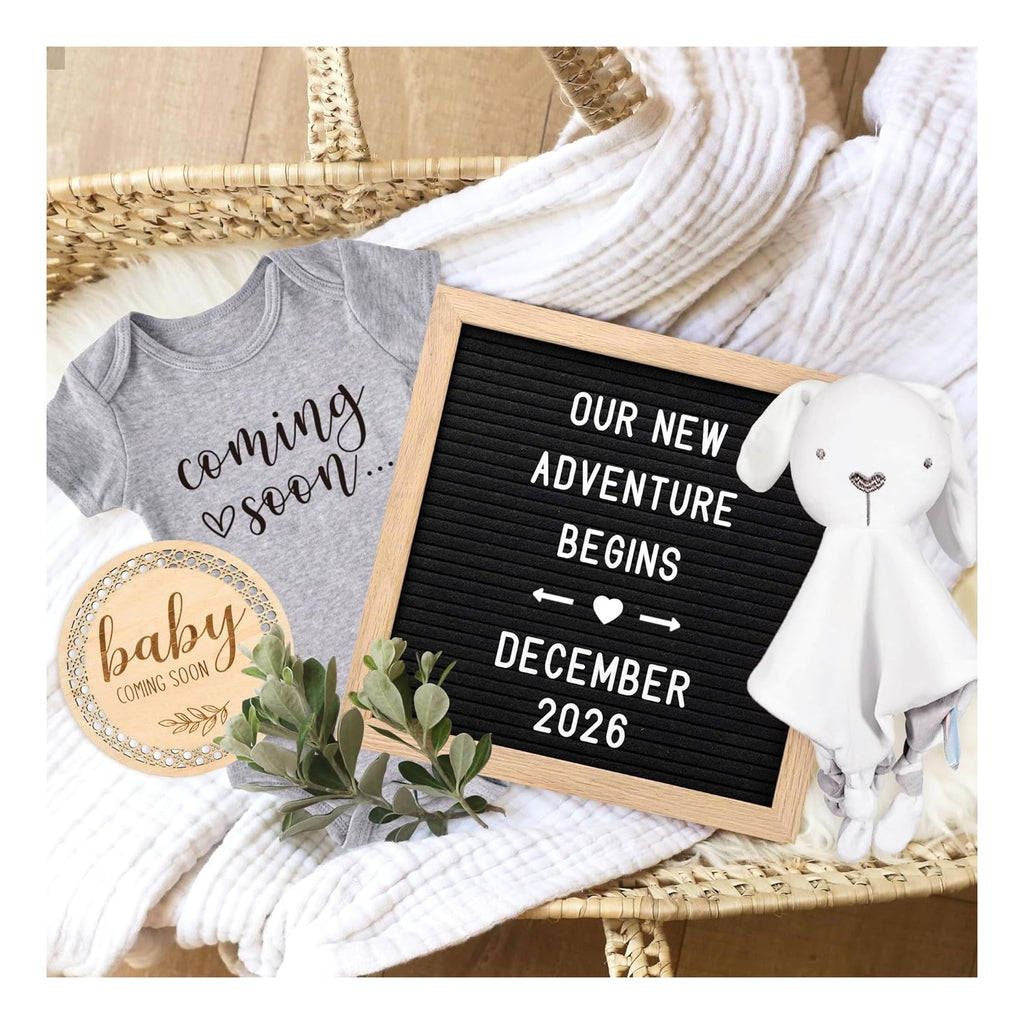 Baby Coming Soon Announcement Ideas, Surprise Pregnancy Reveal To Family Grandparents Grandma Dad- Baby Shower Gender Reveal Gifts- Felt Letter Board, Wooden Sign, Onesie, Security Blanket