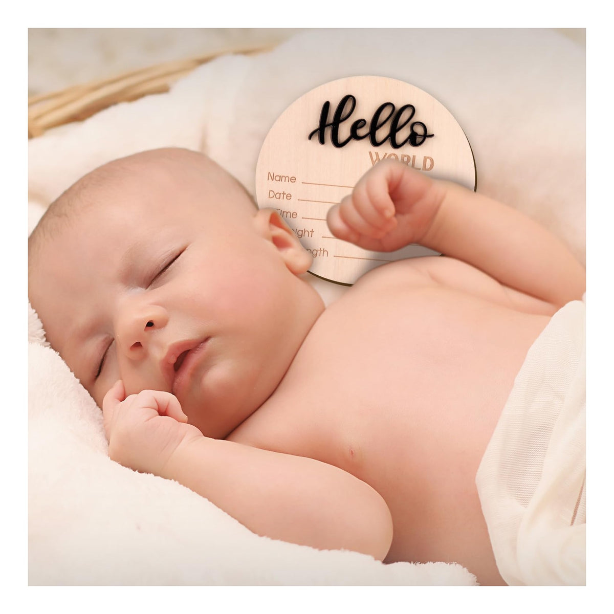 Baby Announcement Sign, 5.9 Inch Wooden Hello World Newborn Welcome Sign Birth Baby Name Plaques for Photo Props Baby Shower Hospital Nursery