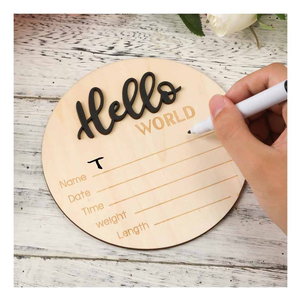 Baby Announcement Sign, 5.9 Inch Wooden Hello World Newborn Welcome Sign Birth Baby Name Plaques for Photo Props Baby Shower Hospital Nursery