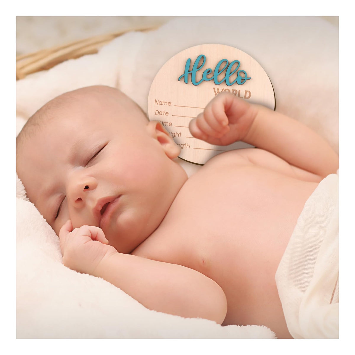 Baby Announcement Sign, 5.9 Inch Wooden Hello World Newborn Welcome Sign Birth Baby Name Plaques for Photo Props Baby Shower Hospital Nursery