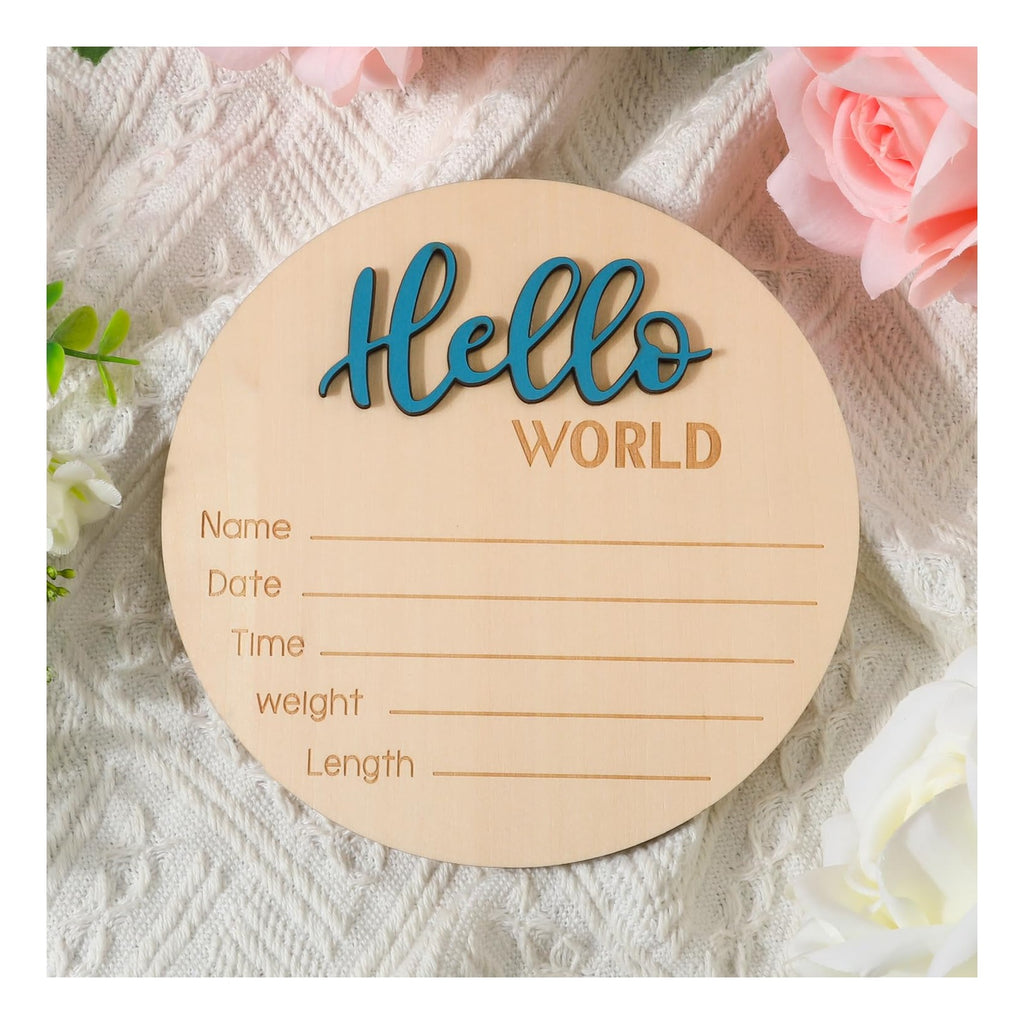 Baby Announcement Sign, 5.9 Inch Wooden Hello World Newborn Welcome Sign Birth Baby Name Plaques for Photo Props Baby Shower Hospital Nursery