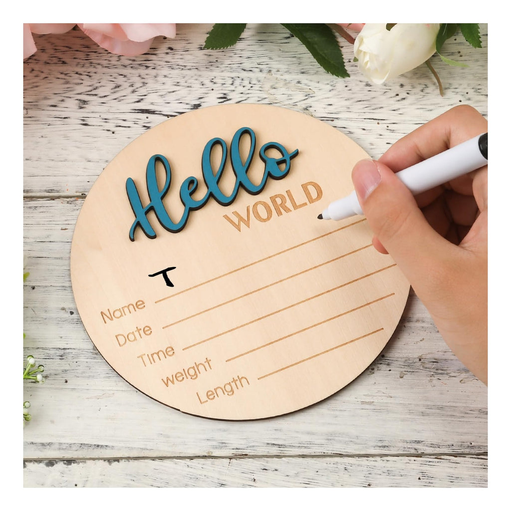 Baby Announcement Sign, 5.9 Inch Wooden Hello World Newborn Welcome Sign Birth Baby Name Plaques for Photo Props Baby Shower Hospital Nursery