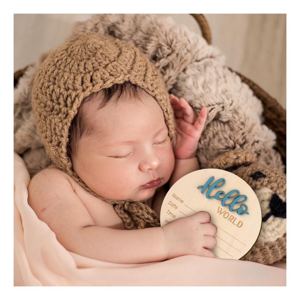 Baby Announcement Sign, 5.9 Inch Wooden Hello World Newborn Welcome Sign Birth Baby Name Plaques for Photo Props Baby Shower Hospital Nursery