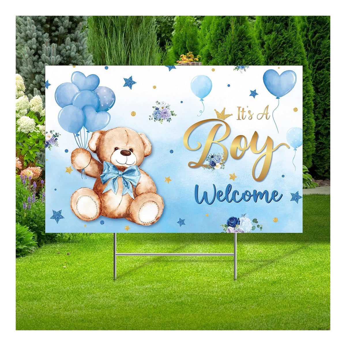 Baby Shower Yard Sign with Stake Gender Reveal Yard Sign Blue Pink Elephant Lawn Decoration Boy Girl Bear Lawn Decor Welcome Baby Announcement Decor for Outdoor Gender Reveal Party