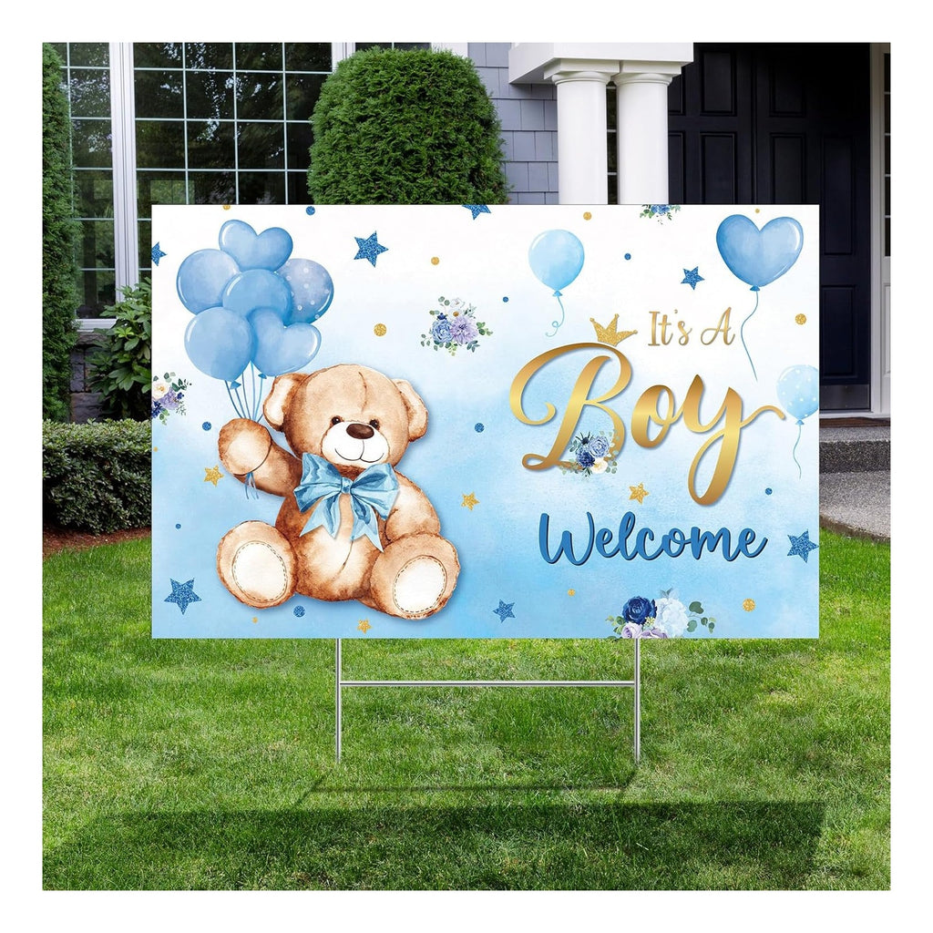 Baby Shower Yard Sign with Stake Gender Reveal Yard Sign Blue Pink Elephant Lawn Decoration Boy Girl Bear Lawn Decor Welcome Baby Announcement Decor for Outdoor Gender Reveal Party