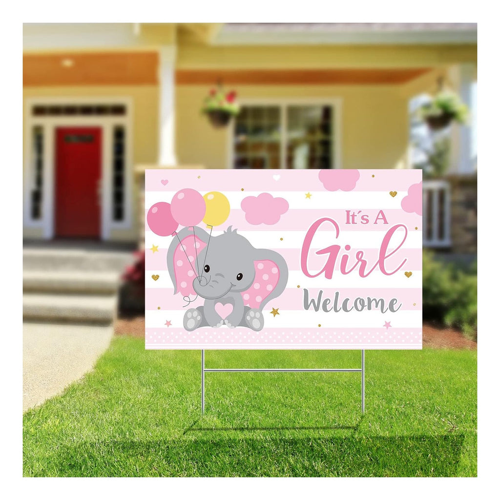 Baby Shower Yard Sign with Stake Gender Reveal Yard Sign Blue Pink Elephant Lawn Decoration Boy Girl Bear Lawn Decor Welcome Baby Announcement Decor for Outdoor Gender Reveal Party