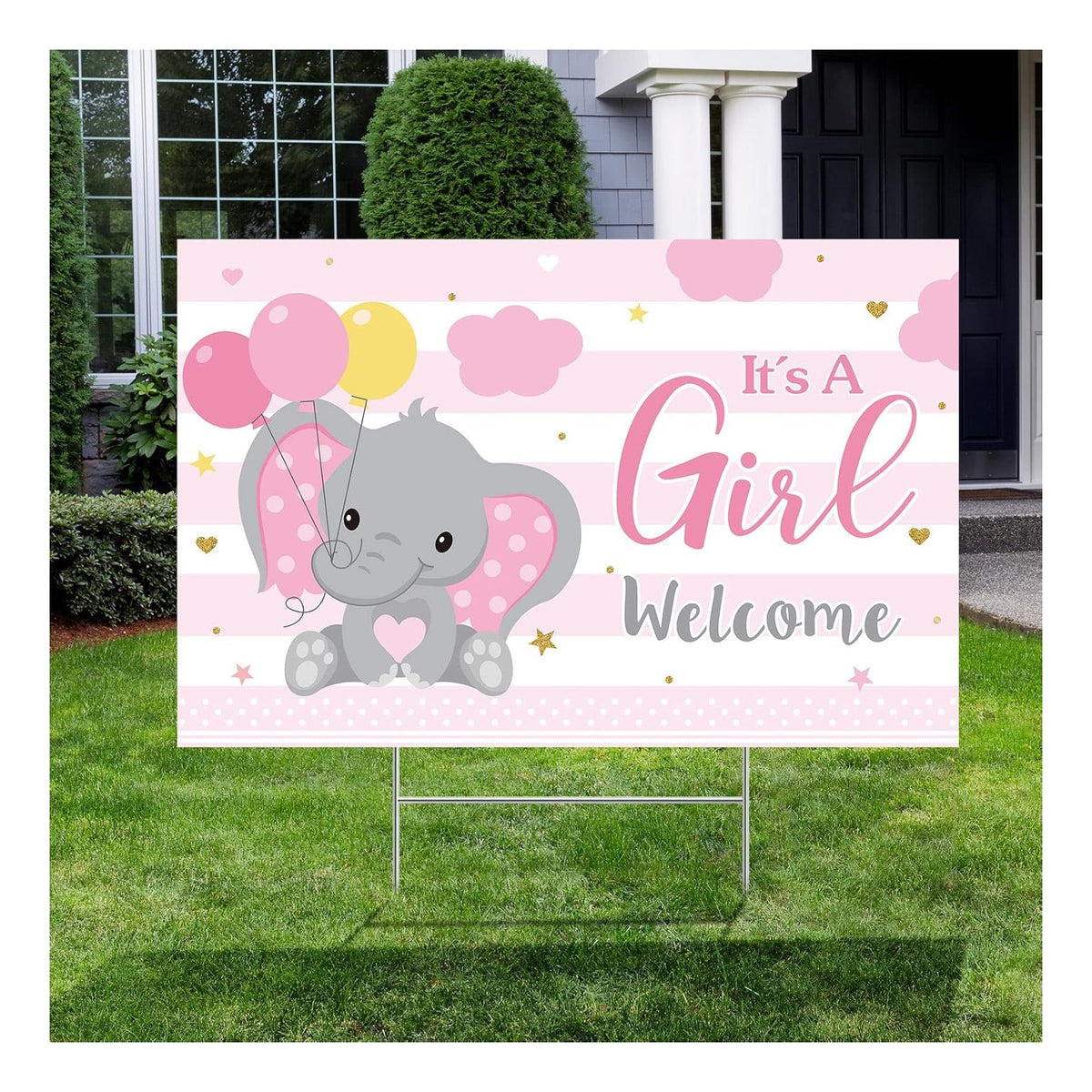 Baby Shower Yard Sign with Stake Gender Reveal Yard Sign Blue Pink Elephant Lawn Decoration Boy Girl Bear Lawn Decor Welcome Baby Announcement Decor for Outdoor Gender Reveal Party