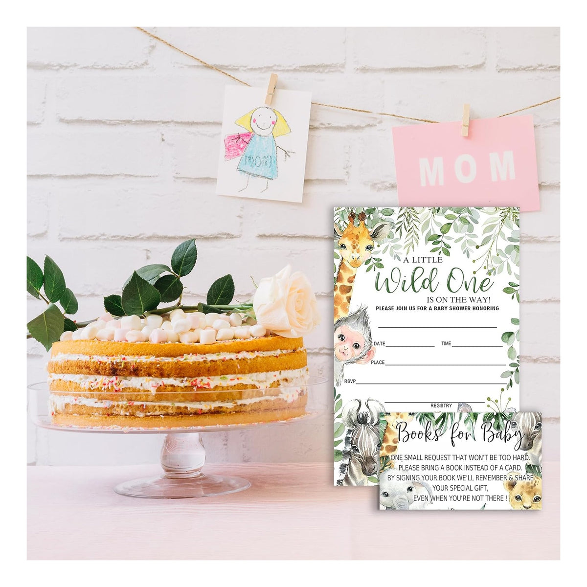 Baby Shower Invitations with Envelopes, Diaper Raffle Tickets and Baby Shower Book Request Cards, Jungle Animals