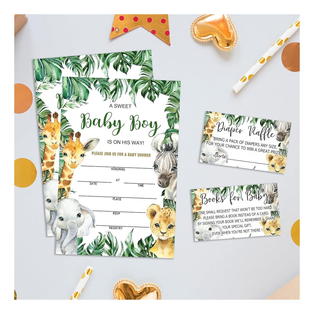 Baby Shower Invitations with Envelopes, Diaper Raffle Tickets and Baby Shower Book Request Cards, Jungle Animals