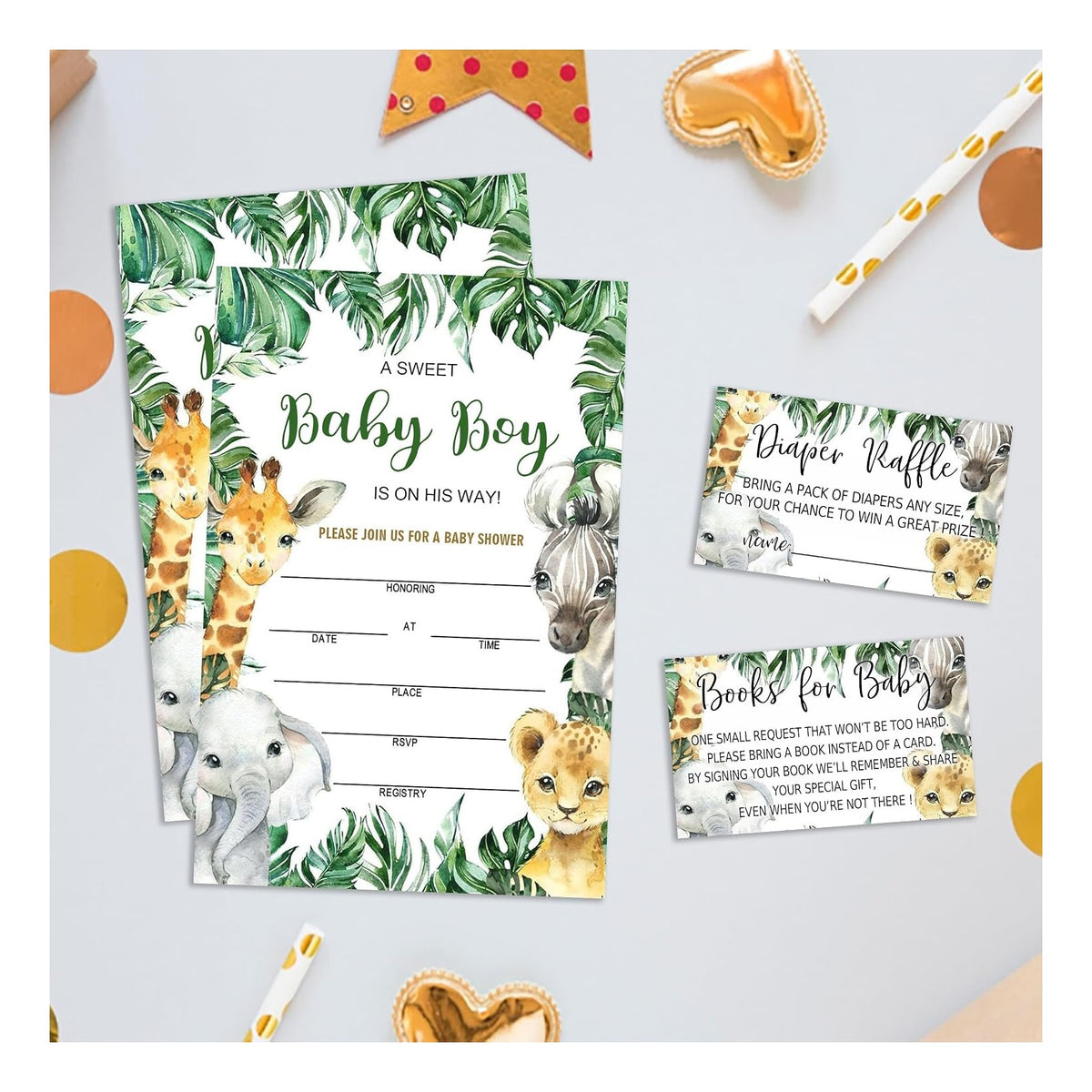 Baby Shower Invitations with Envelopes, Diaper Raffle Tickets and Baby Shower Book Request Cards, Jungle Animals