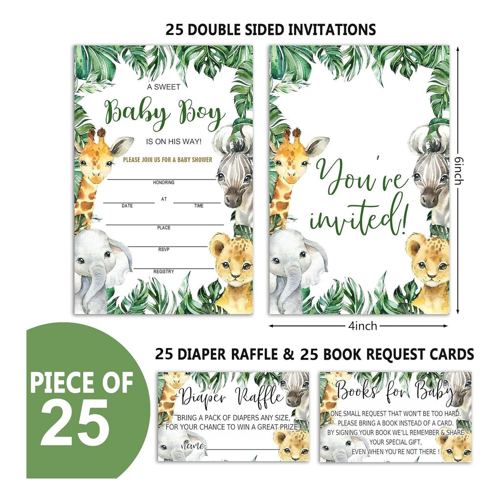 Baby Shower Invitations with Envelopes, Diaper Raffle Tickets and Baby Shower Book Request Cards, Jungle Animals