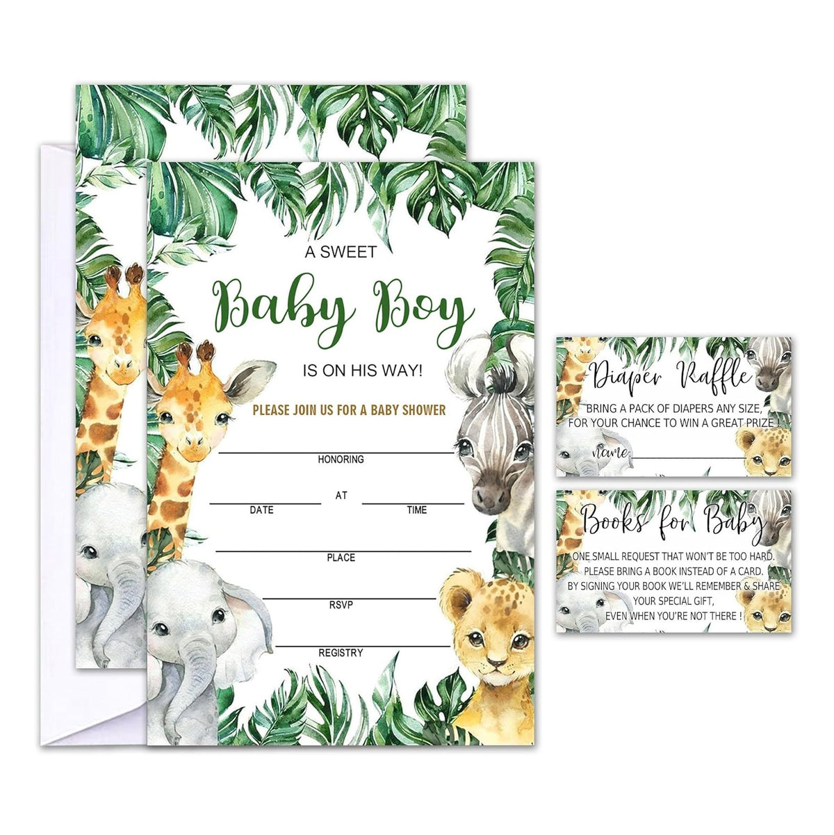 Baby Shower Invitations with Envelopes, Diaper Raffle Tickets and Baby Shower Book Request Cards, Jungle Animals