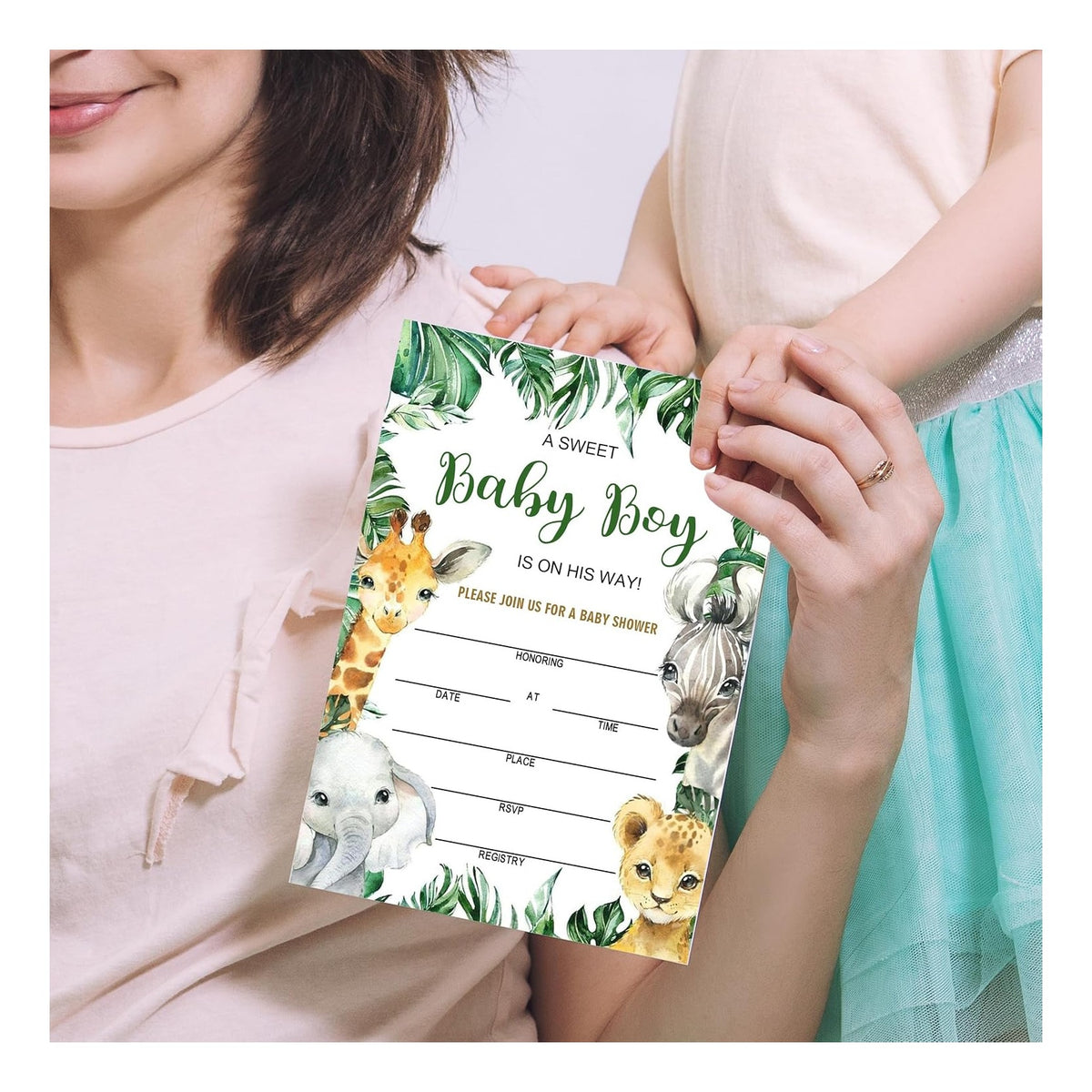 Baby Shower Invitations with Envelopes, Diaper Raffle Tickets and Baby Shower Book Request Cards, Jungle Animals