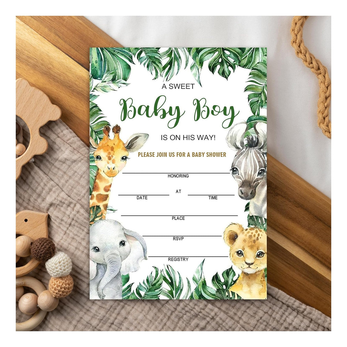 Baby Shower Invitations with Envelopes, Diaper Raffle Tickets and Baby Shower Book Request Cards, Jungle Animals