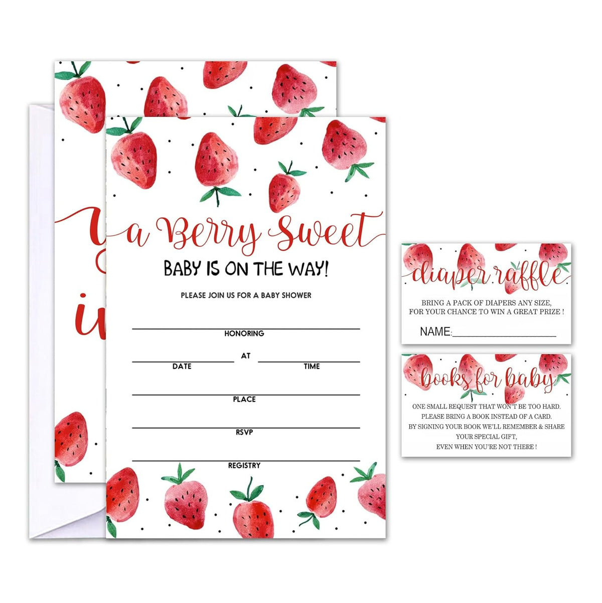 Set of 25 Baby Shower Invitations with Envelopes, Diaper Raffle Tickets and Baby Shower Book Request Cards, Berry sweet