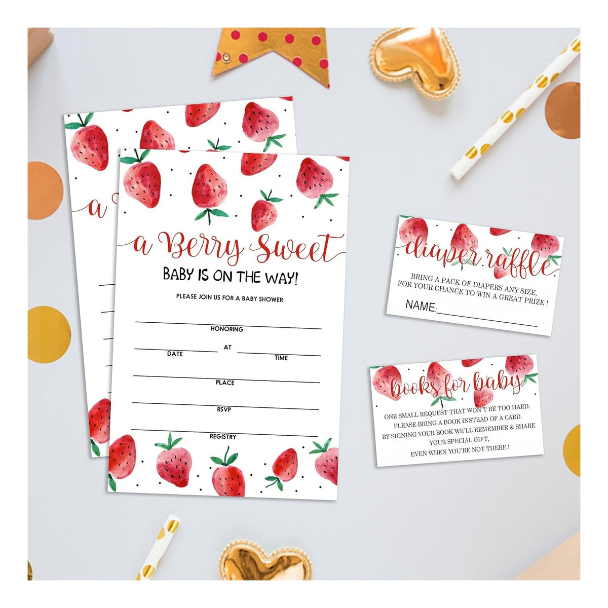 Set of 25 Baby Shower Invitations with Envelopes, Diaper Raffle Tickets and Baby Shower Book Request Cards, Berry sweet