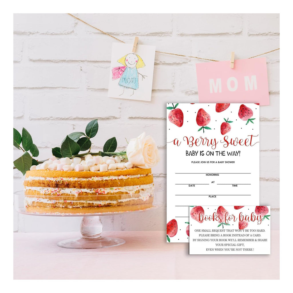 Set of 25 Baby Shower Invitations with Envelopes, Diaper Raffle Tickets and Baby Shower Book Request Cards, Berry sweet