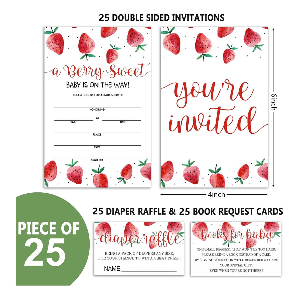 Set of 25 Baby Shower Invitations with Envelopes, Diaper Raffle Tickets and Baby Shower Book Request Cards, Berry sweet