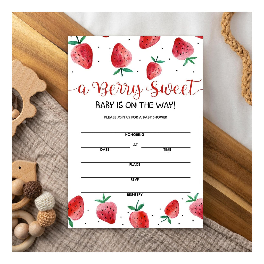 Set of 25 Baby Shower Invitations with Envelopes, Diaper Raffle Tickets and Baby Shower Book Request Cards, Berry sweet
