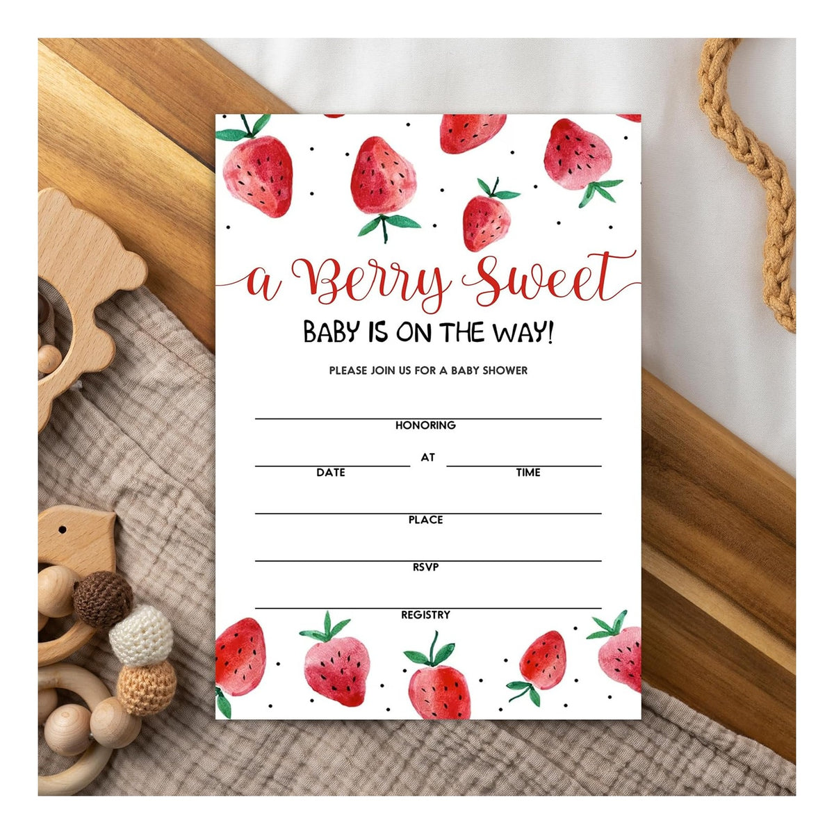 Set of 25 Baby Shower Invitations with Envelopes, Diaper Raffle Tickets and Baby Shower Book Request Cards, Berry sweet