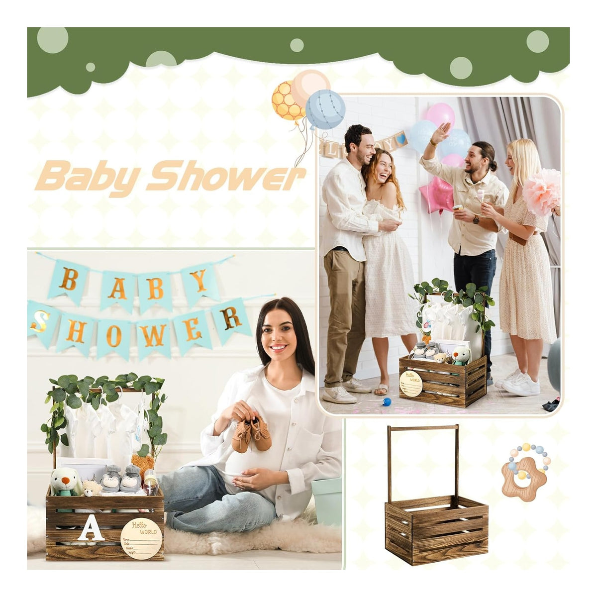 Wooden Baby Shower Crate Closet Basket with Handle Baby Announcement Sign Garland Hangers Large Letter, Wooden Gift Crate, Letters for Pregnancy New Parent Party