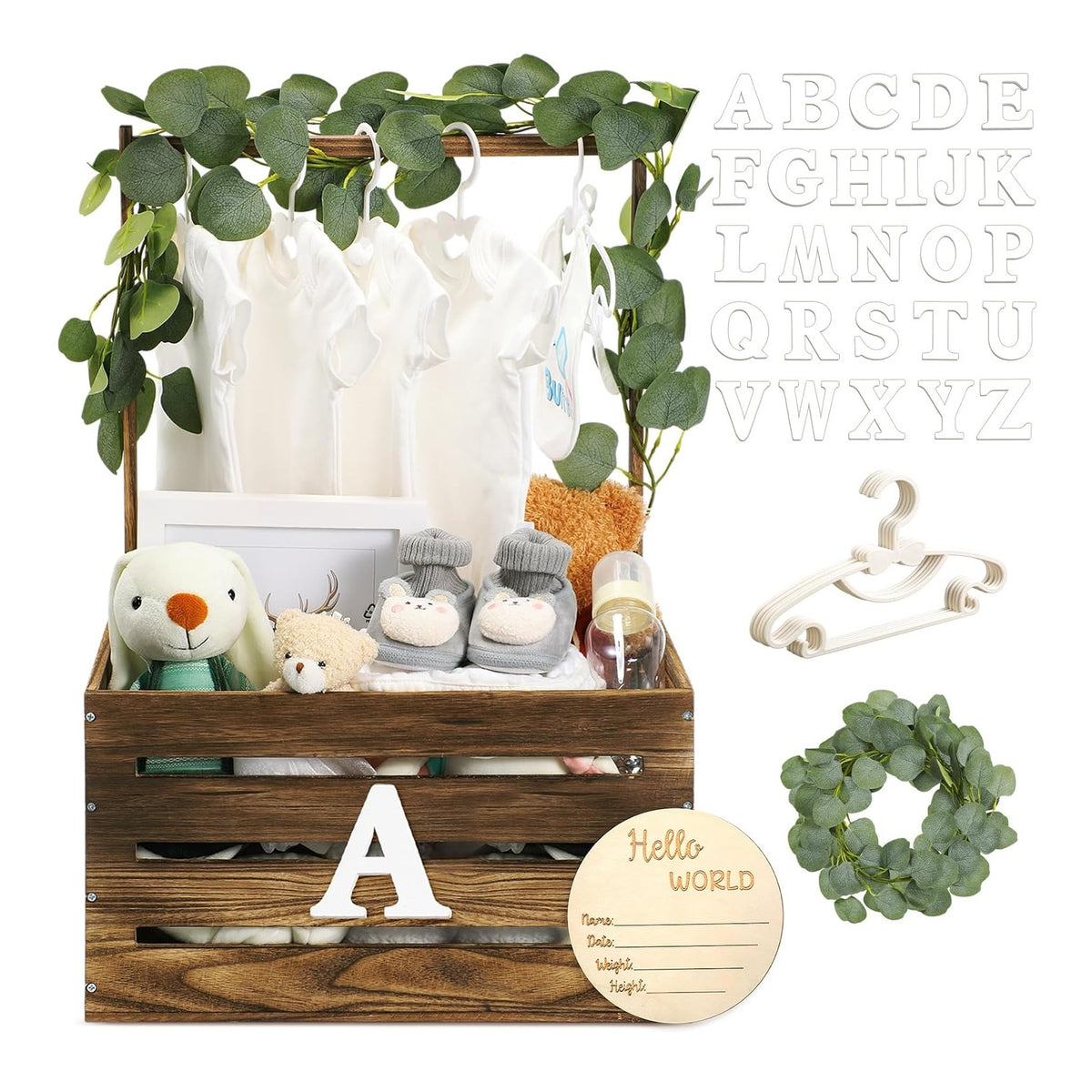 Wooden Baby Shower Crate Closet Basket with Handle Baby Announcement Sign Garland Hangers Large Letter, Wooden Gift Crate, Letters for Pregnancy New Parent Party